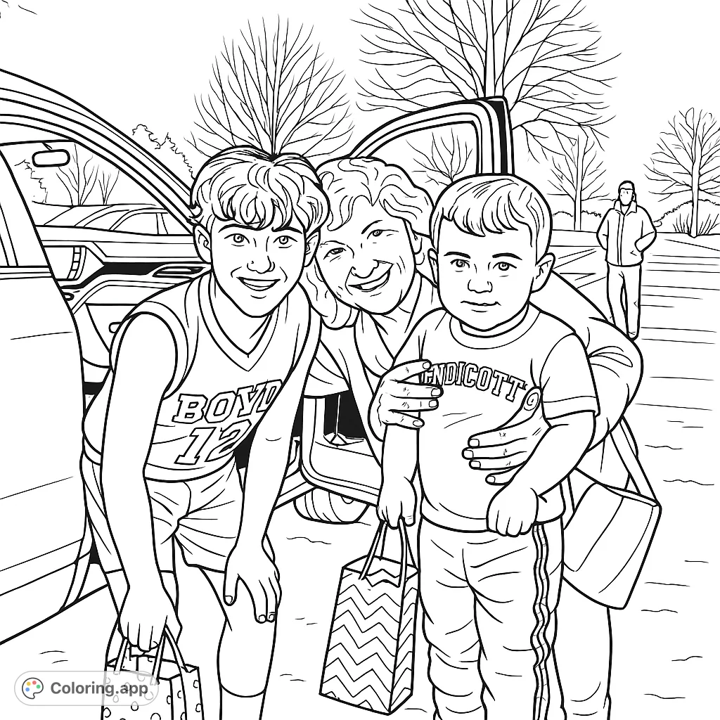A heartwarming family portrait featuring an older woman and two boys smiling cheerfully by an open car, holding gift bags, perfect for a family coloring page.