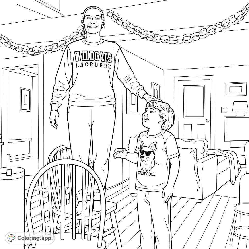 A whimsical indoor scene featuring a woman standing on chairs, a curious boy, and a festive paper chain. Perfect for family fun and creative expression.