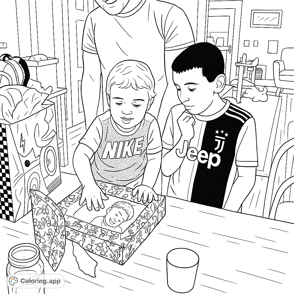 Capture a heartwarming family moment with this gift unwrapping coloring page. Two children excitedly open a present, surrounded by a festive home setting.