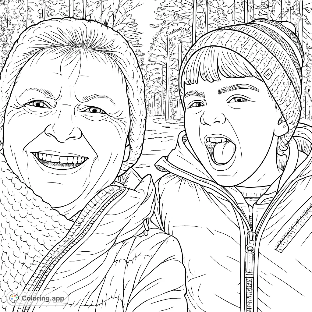 Capture the heartwarming bond of an older woman and a young boy sharing a joyful moment outdoors. A perfect family-themed coloring page.