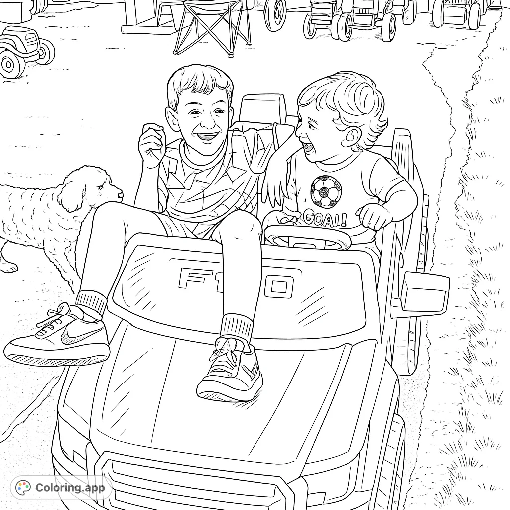 Two cheerful boys and their pet dog enjoy a ride in a toy pickup truck, surrounded by outdoor playthings. A delightful scene for young colorists.