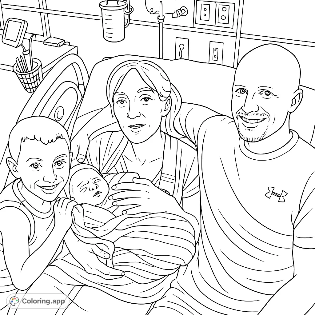 Celebrate new life with this heartwarming family portrait. A newborn is cradled by its mother, surrounded by a loving father and proud older sibling in a hospital room.