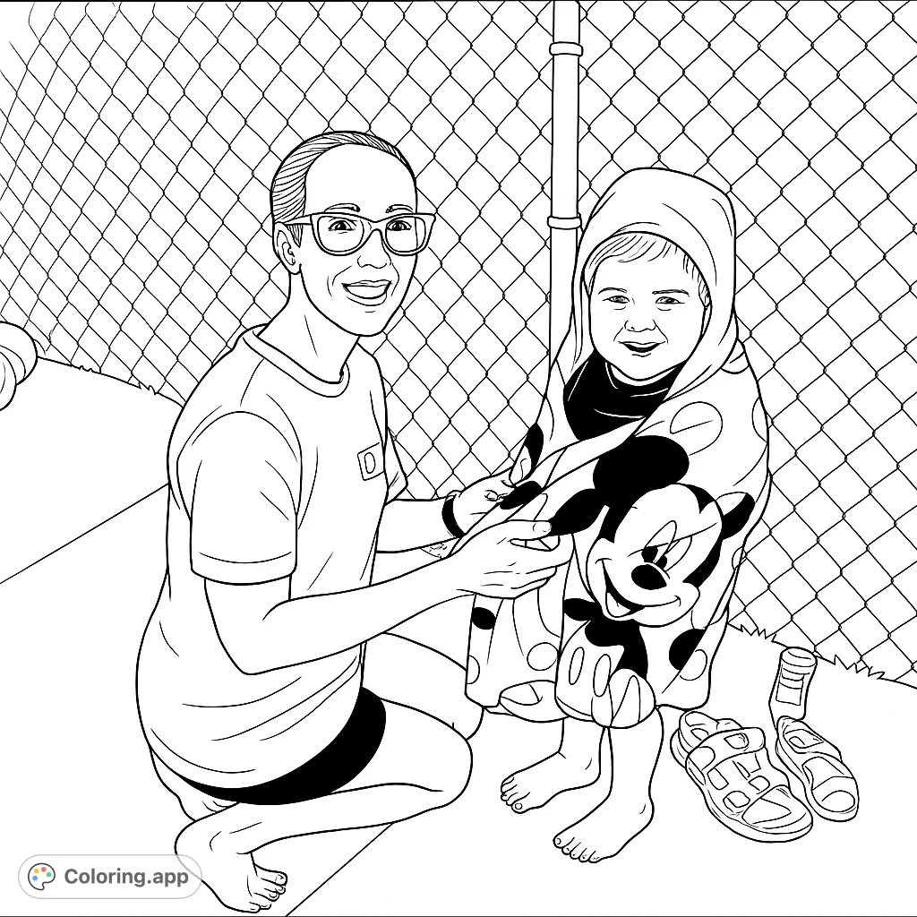 Capture a heartwarming moment of an adult and child after a swim, wrapped in a character towel, ready for your creative touch.