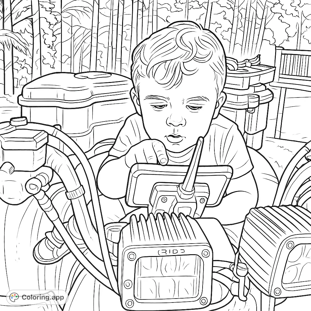 A curious toddler on an all-terrain vehicle, engrossed in a mounted device. A fun, adventurous scene set amidst trees for young explorers.