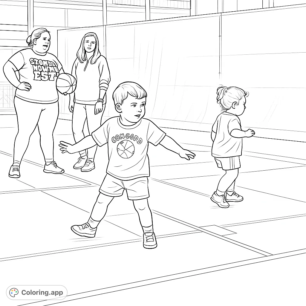 Explore an energetic indoor sports scene featuring young children practicing on a basketball court with adults. Perfect for aspiring athletes and sports enthusiasts.