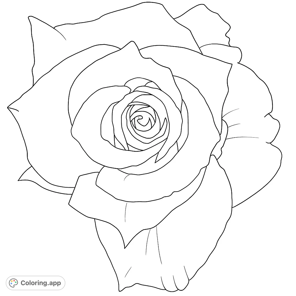 An elegant, fully bloomed rose with intricate petals for a beautiful coloring experience. Perfect for nature lovers and floral art enthusiasts.