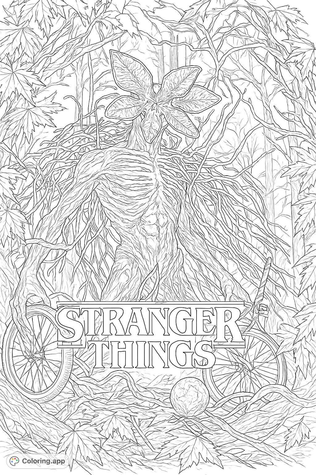 A detailed coloring page featuring a formidable, flower-headed creature amidst tangled vines and ominous forest elements, with scattered skulls and bicycle parts. Perfect for fans.