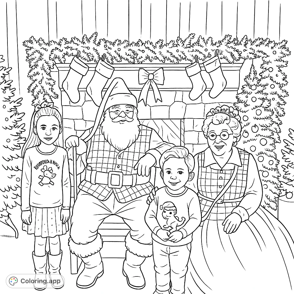 A heartwarming scene featuring Santa and Mrs. Claus with two smiling children in a festive setting, perfect for holiday joy and creative coloring fun.