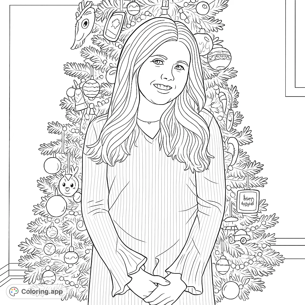 Capture the joy of the holidays with this charming coloring page featuring a girl standing proudly in front of a beautifully adorned festive tree, waiting for your creative touch.