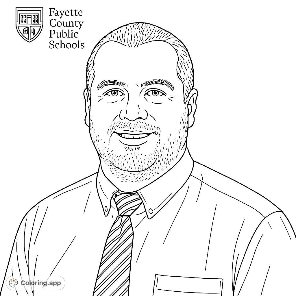 A detailed portrait coloring page featuring a smiling man in a collared shirt and striped tie, alongside a school emblem. Perfect for focus and creativity.