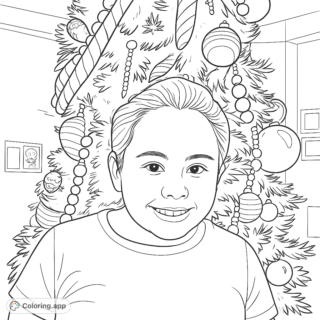 Capture the festive spirit with this holiday coloring page featuring a cheerful girl standing proudly in front of a beautifully decorated tree.