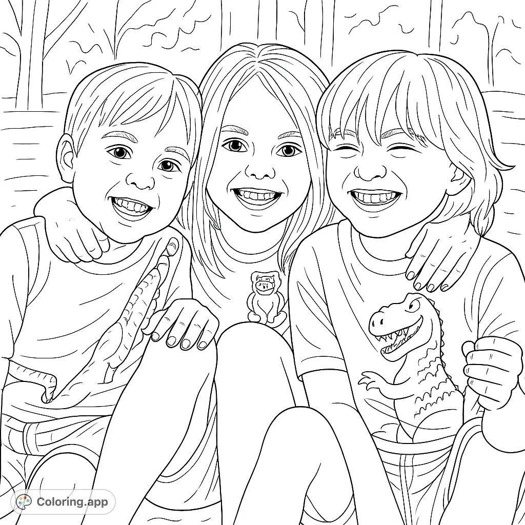 A heartwarming coloring page featuring three smiling children embracing, showcasing friendship and joy in an outdoor setting. Perfect for all ages.