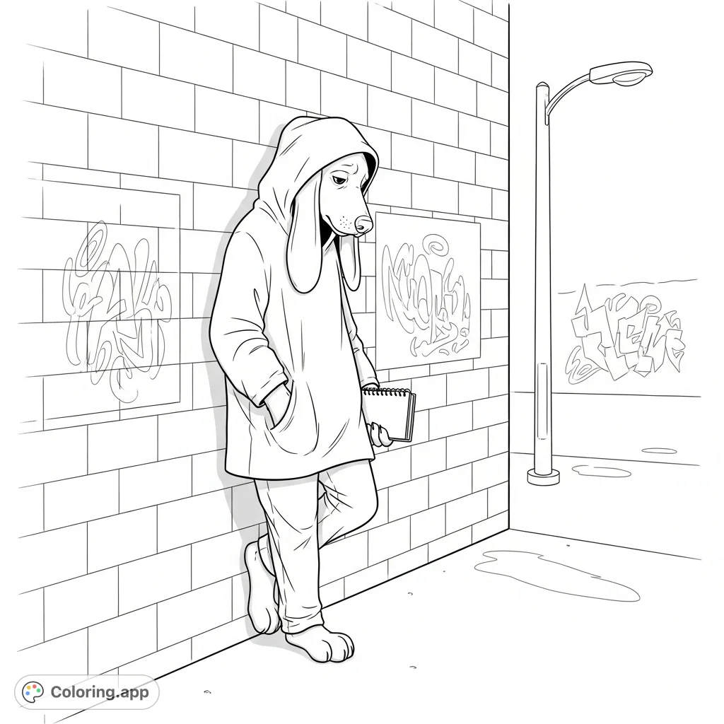 An anthropomorphic dog in a hooded outfit leans against a graffiti-adorned brick wall, holding a notebook. A contemplative urban scene.