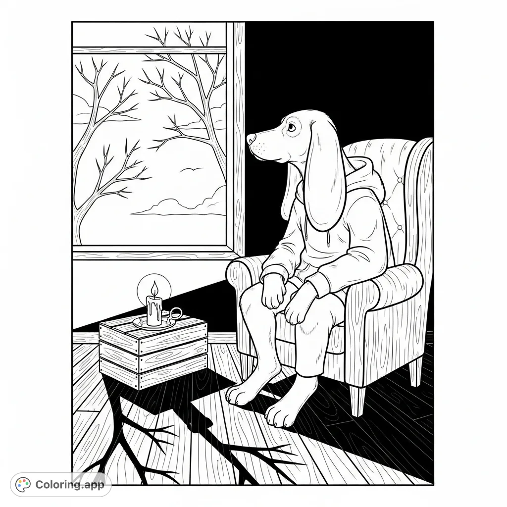 Discover a thoughtful anthropomorphic dog seated in a worn armchair, gazing out a window at bare branches. A serene scene for mindful coloring.