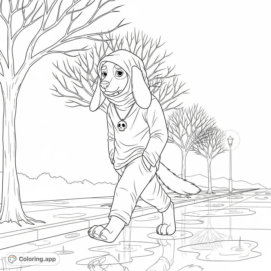 An anthropomorphic dog in a hooded outfit walks a wet, tree-lined sidewalk, reflections shimmering. A skull charm and distant streetlamp add to the atmospheric scene.