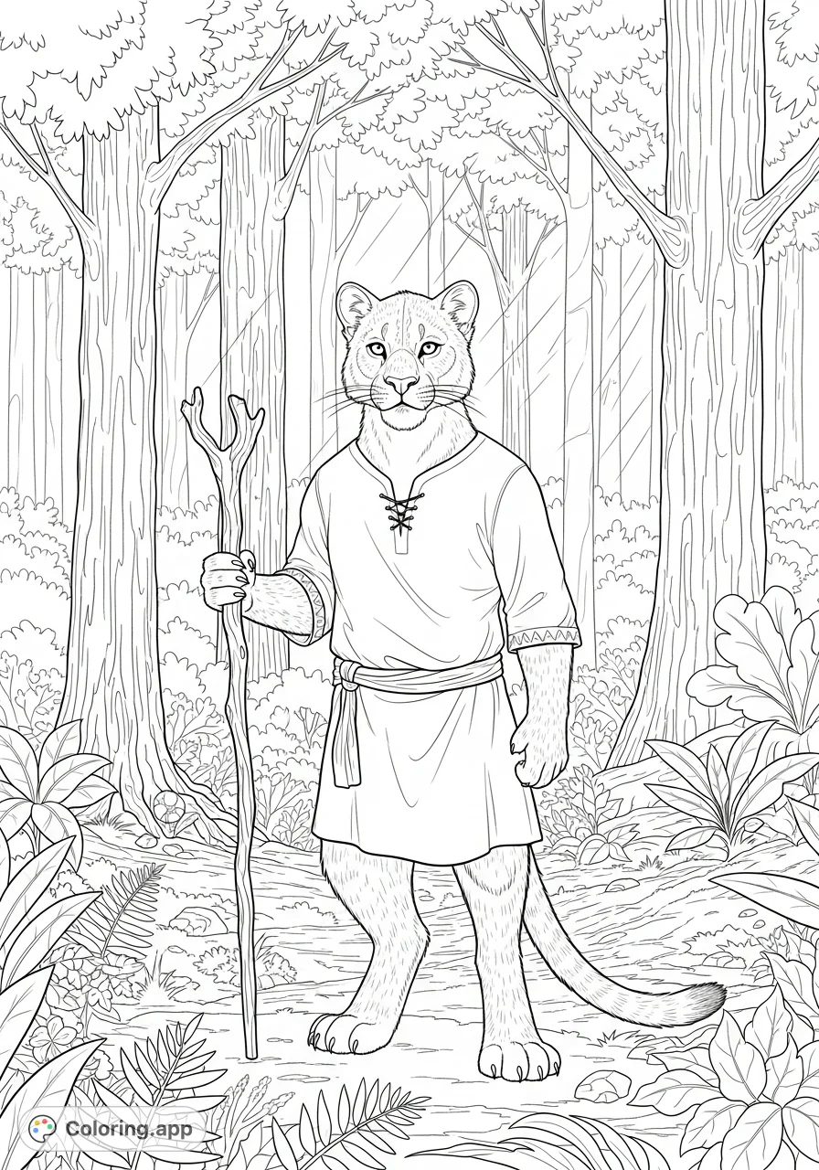 Explore an enchanting forest scene featuring a wise anthropomorphic mountain lion. A captivating free printable coloring page for animal and nature lovers.