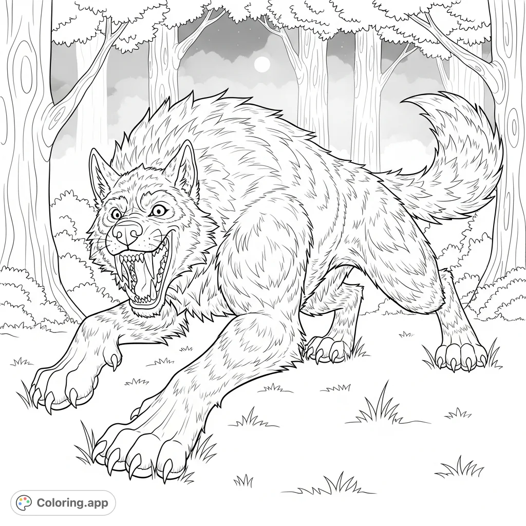 Unleash your creativity with this detailed werewolf coloring page! A massive, grinning werewolf in a playful pounce amidst a misty midnight forest.