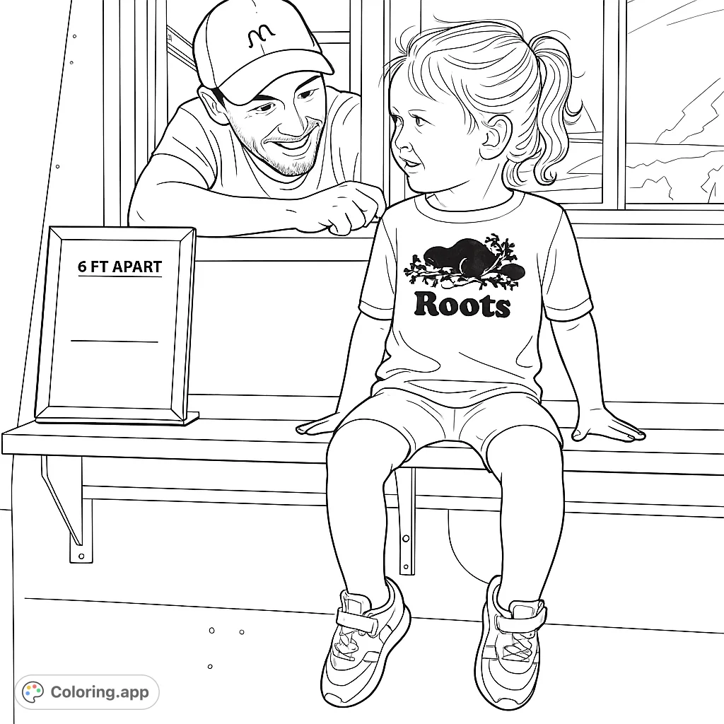A charming scene featuring a happy child sitting on a service window ledge, interacting with a smiling adult. Perfect for a fun and engaging coloring session.