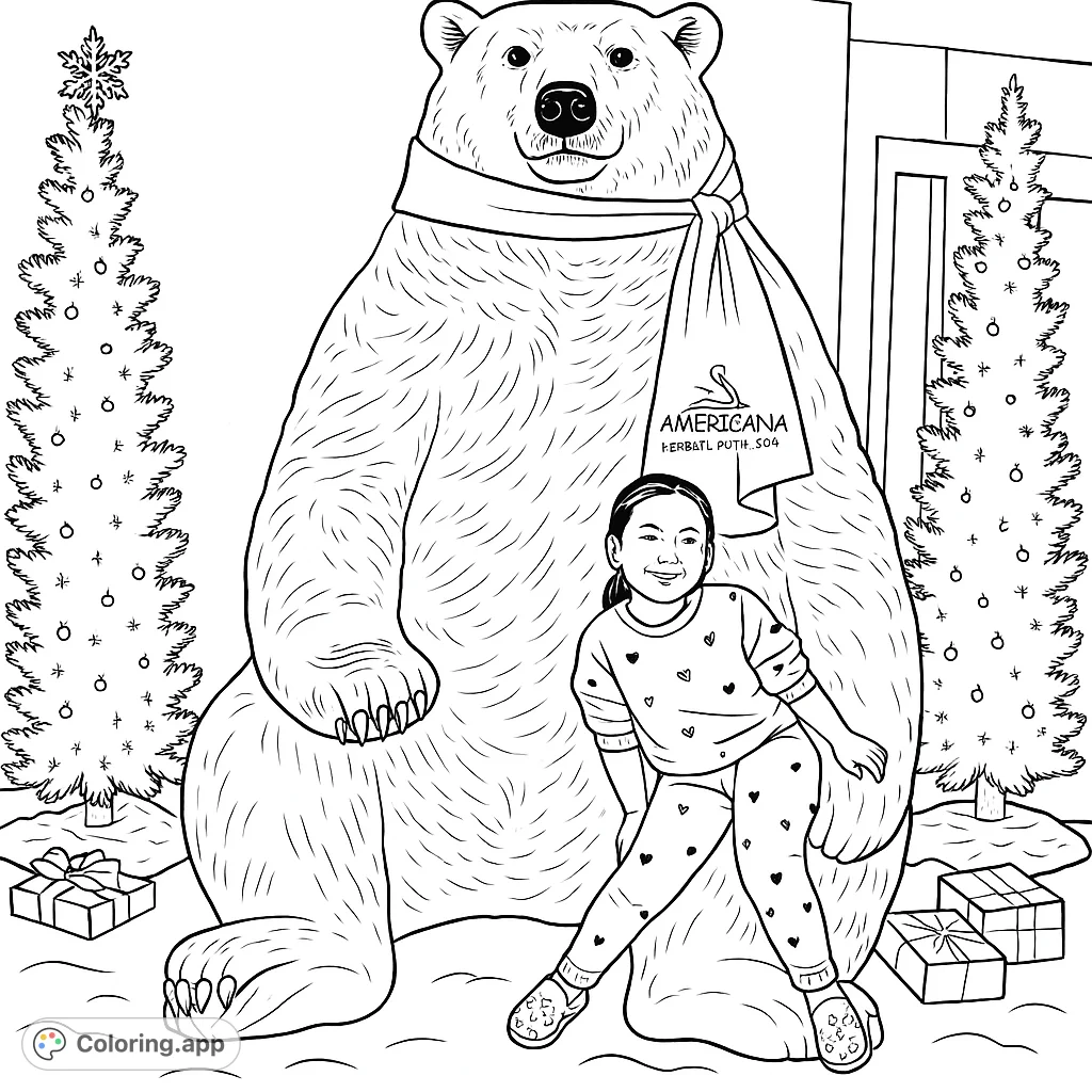 A heartwarming holiday scene with a joyful girl alongside a massive polar bear statue, surrounded by festive trees and snowflake-patterned presents.