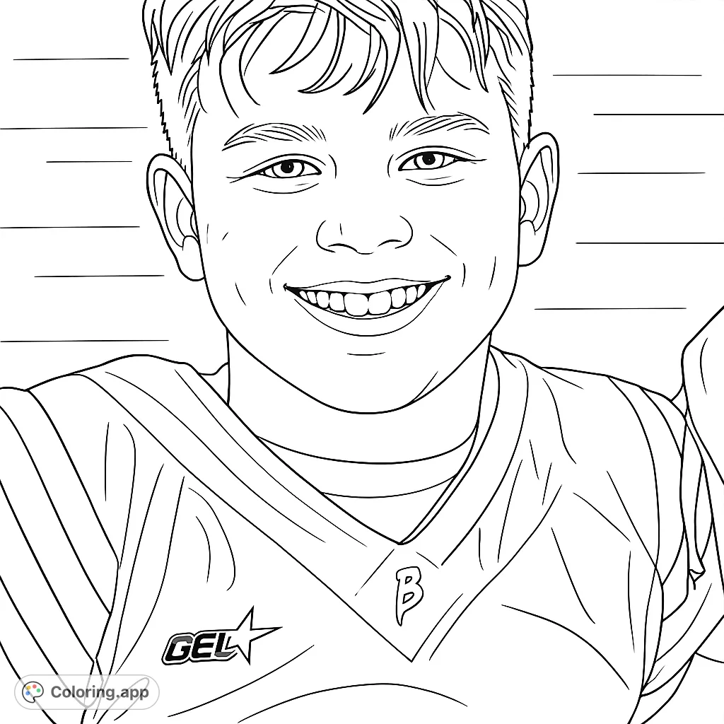 A cheerful young football player grins widely in his detailed jersey, ready for action. This engaging coloring page captures youthful enthusiasm on the field.