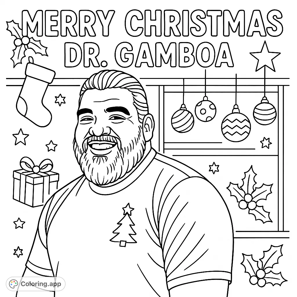 A cheerful Christmas portrait featuring a man with a beard, smiling, set against a festive background with custom "Merry Christmas Dr. Gamboa" text.