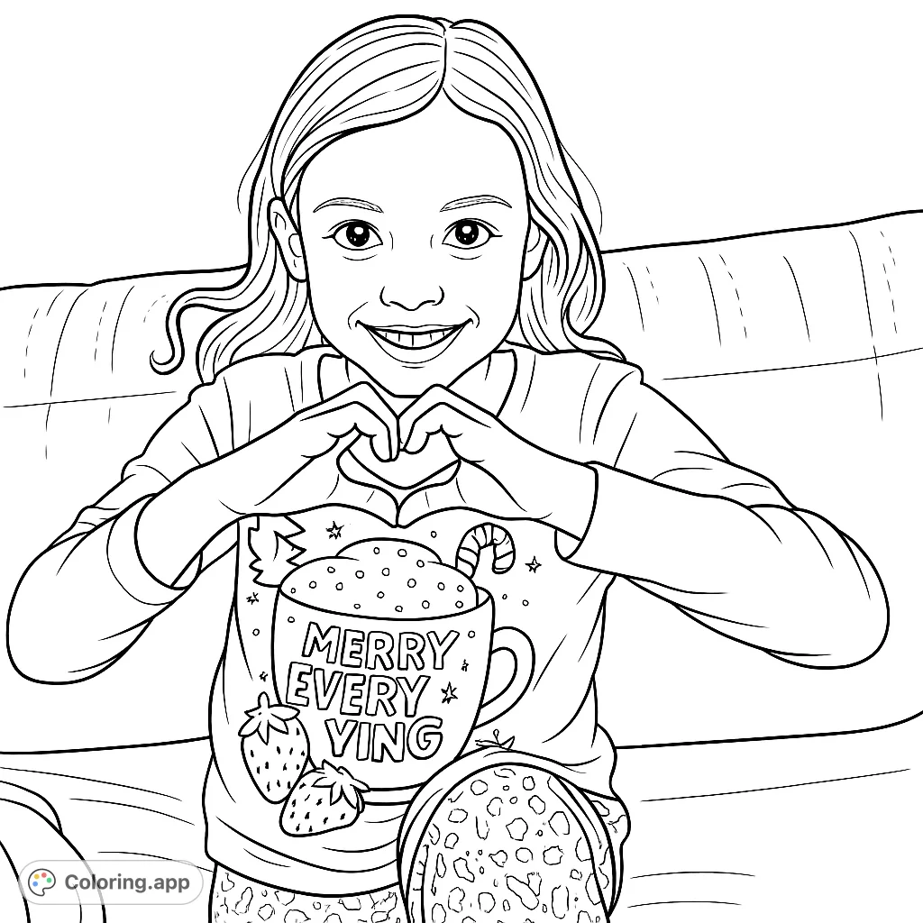 A cheerful girl making a heart shape with her hands, wearing a festive holiday mug shirt. Perfect for spreading warmth and joy through coloring.
