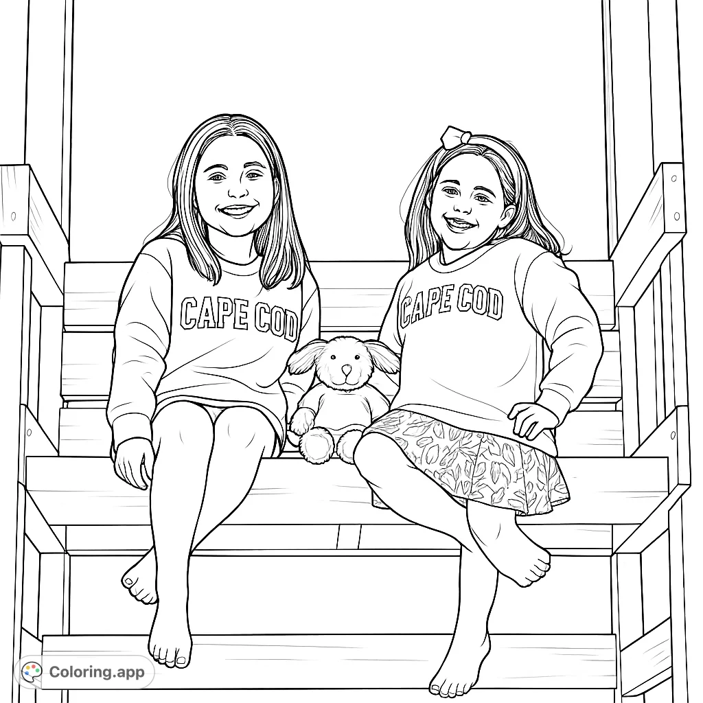 Two cheerful girls and their cuddly teddy bear sit together on a wooden chair, sharing a happy moment. A delightful scene for young colorists!