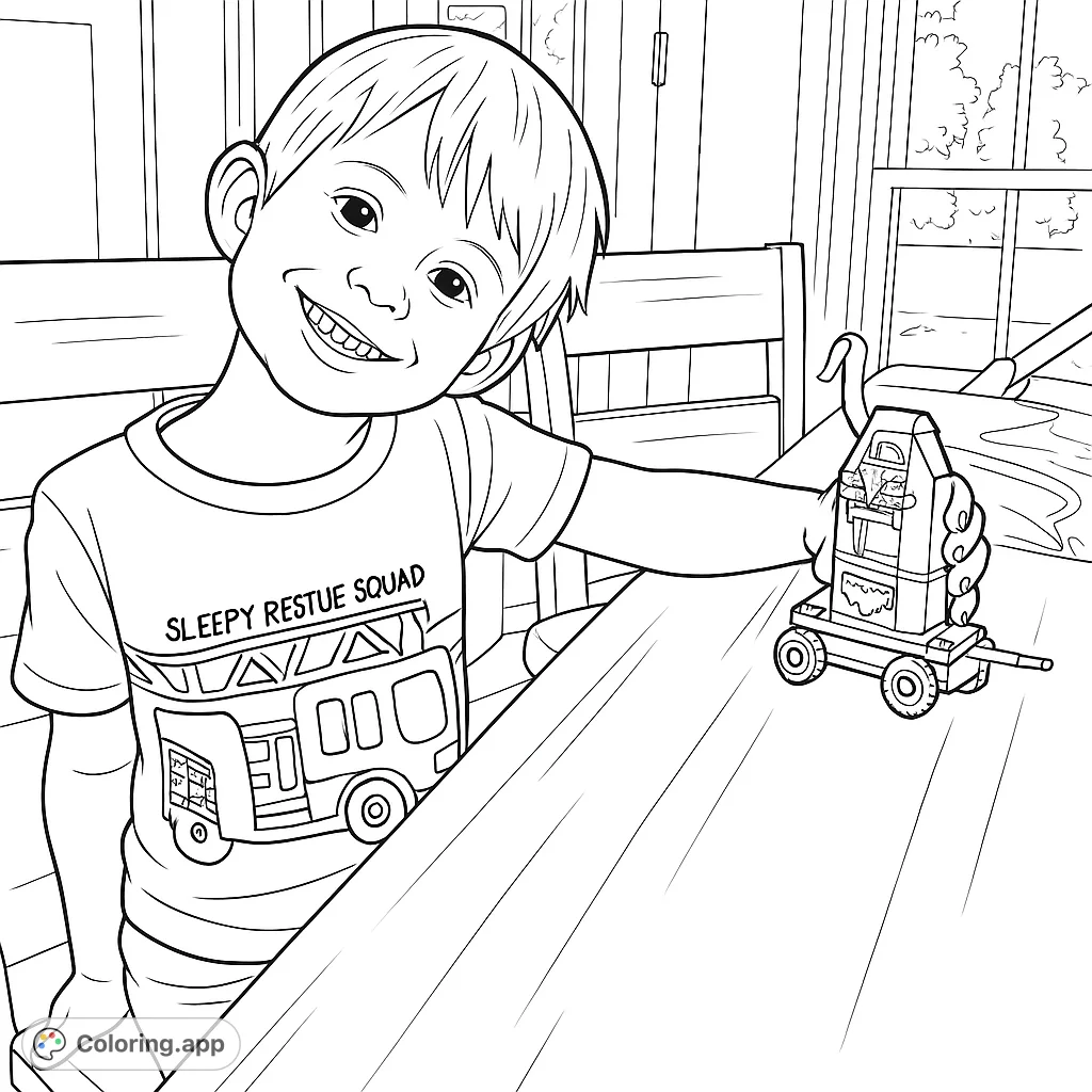 A cheerful boy smiles, holding his completed space ranger toy vehicle at a wooden table. Features a detailed fire truck design on his shirt.