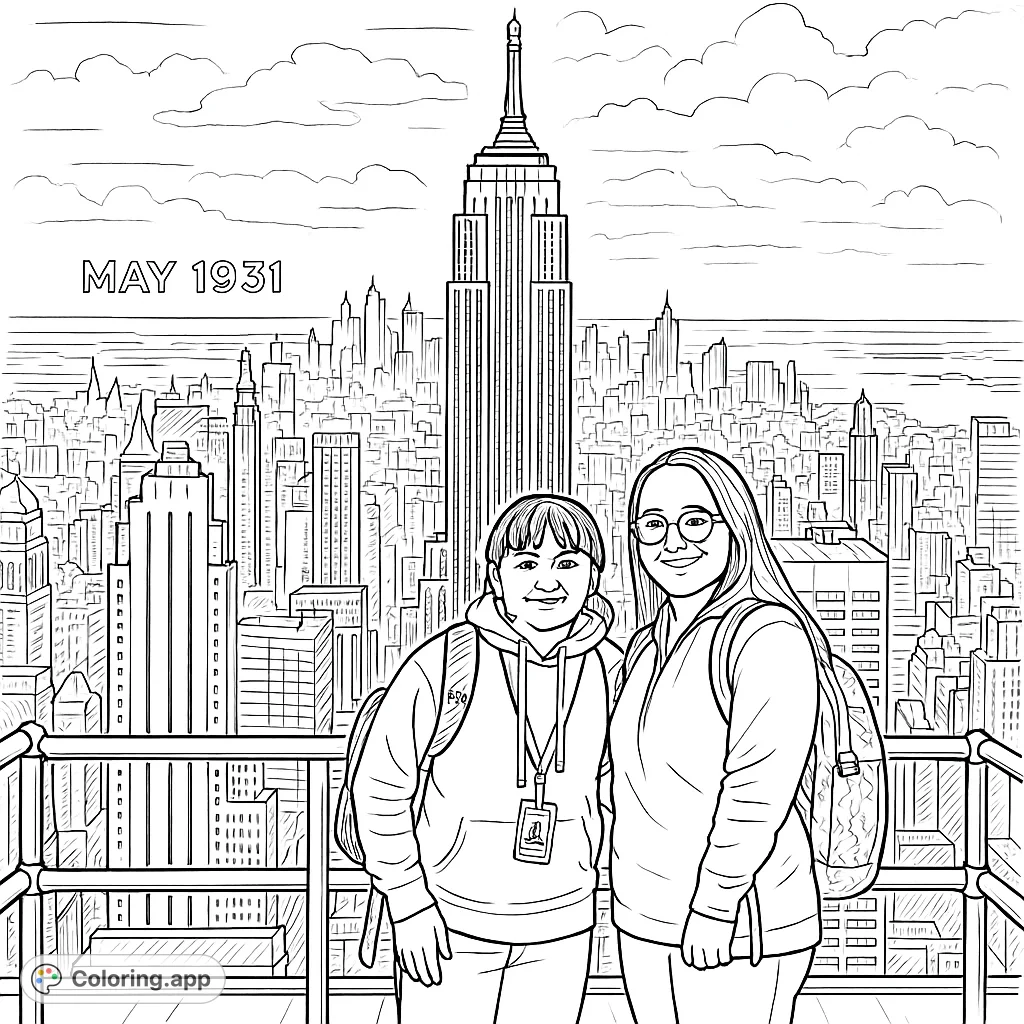 Experience a New York City landmark with this Empire State Building coloring page, featuring a detailed cityscape and two smiling visitors. Perfect for travel enthusiasts.