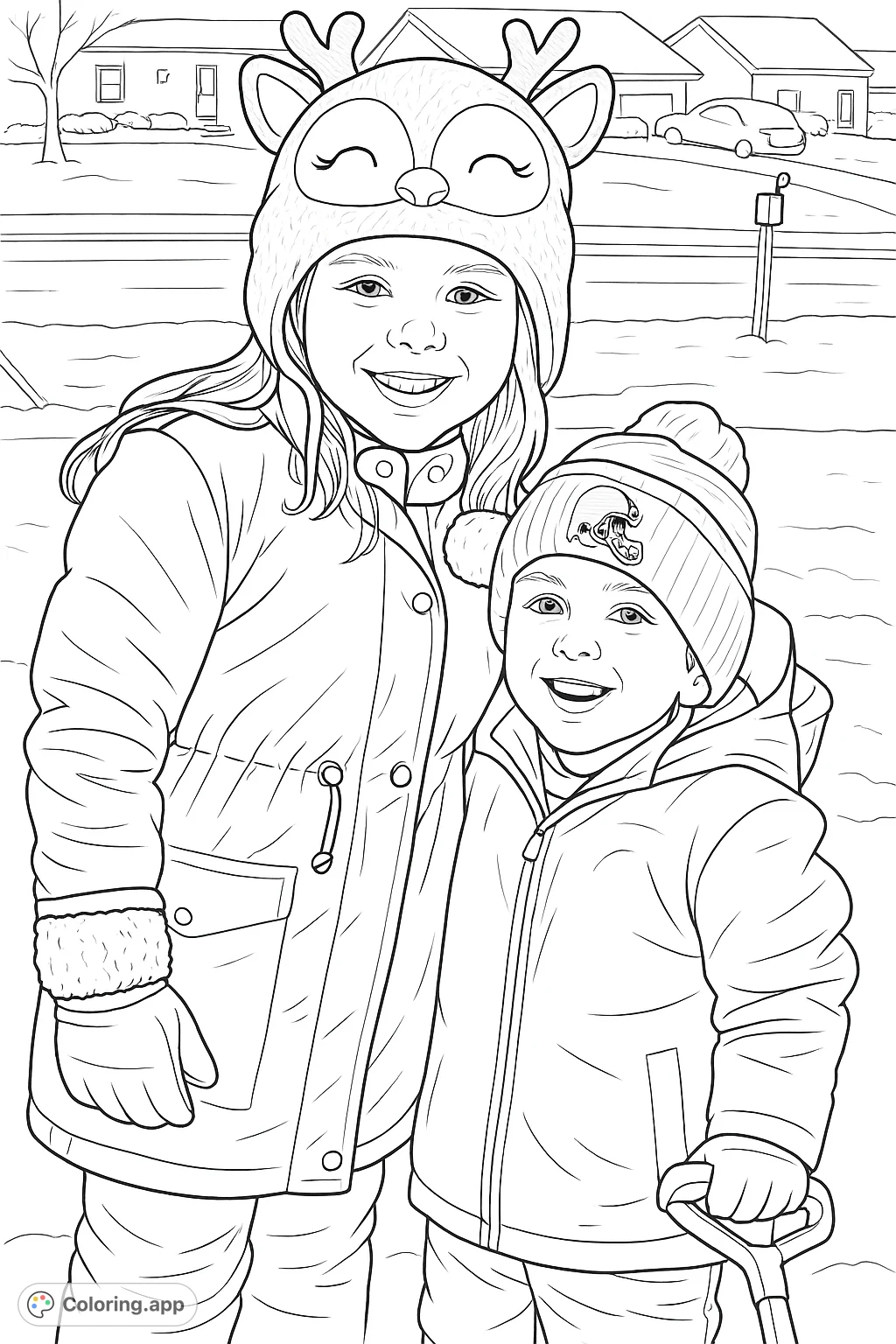 Two happy children bundled in winter gear, wearing deer and beanie hats, enjoying a snowy day. A delightful winter scene for coloring fun.