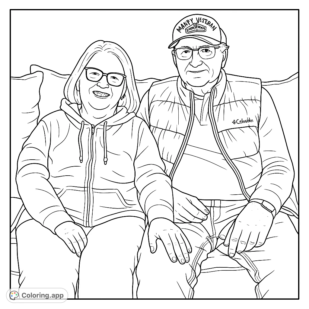 A heartwarming portrait of a smiling elderly couple, featuring a veteran, seated comfortably on a couch. Perfect for family and tribute coloring!