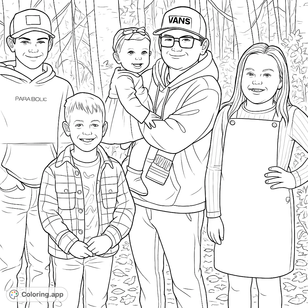 A heartwarming family coloring page featuring five smiling children of various ages, including a baby, posed together in a scenic woodland setting. Perfect for all ages.