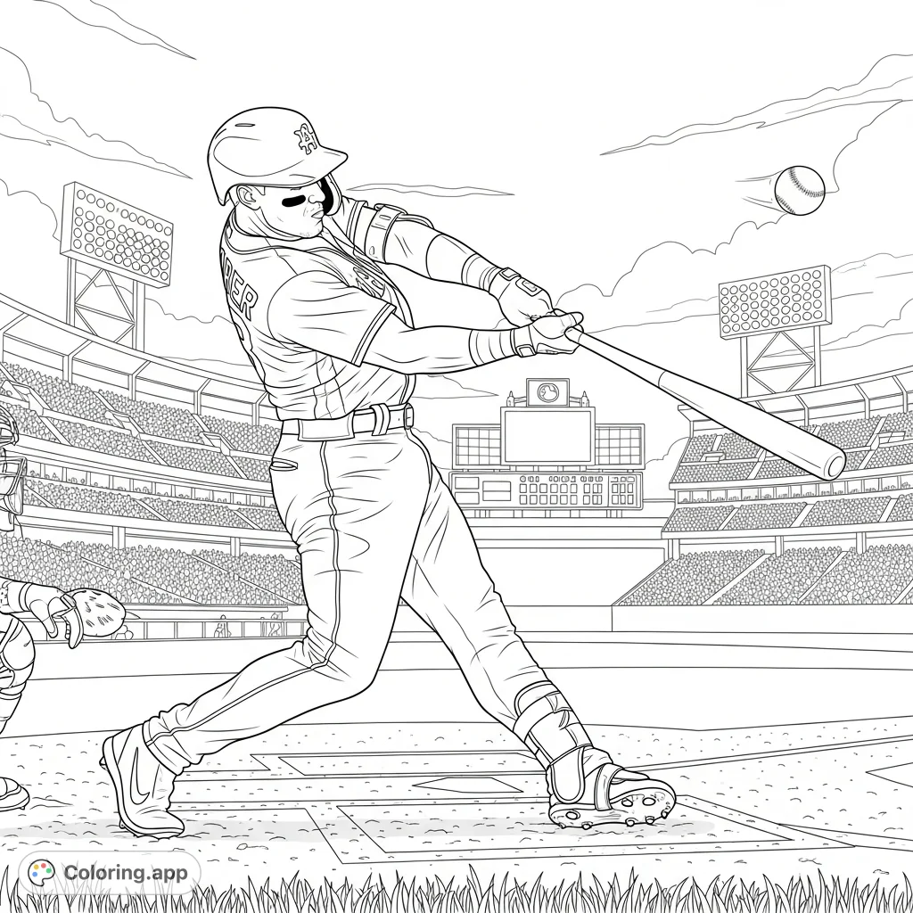 Capture the thrilling moment of George Springer hitting a home run in a dynamic baseball stadium scene. Perfect for sports fans of all ages to color.