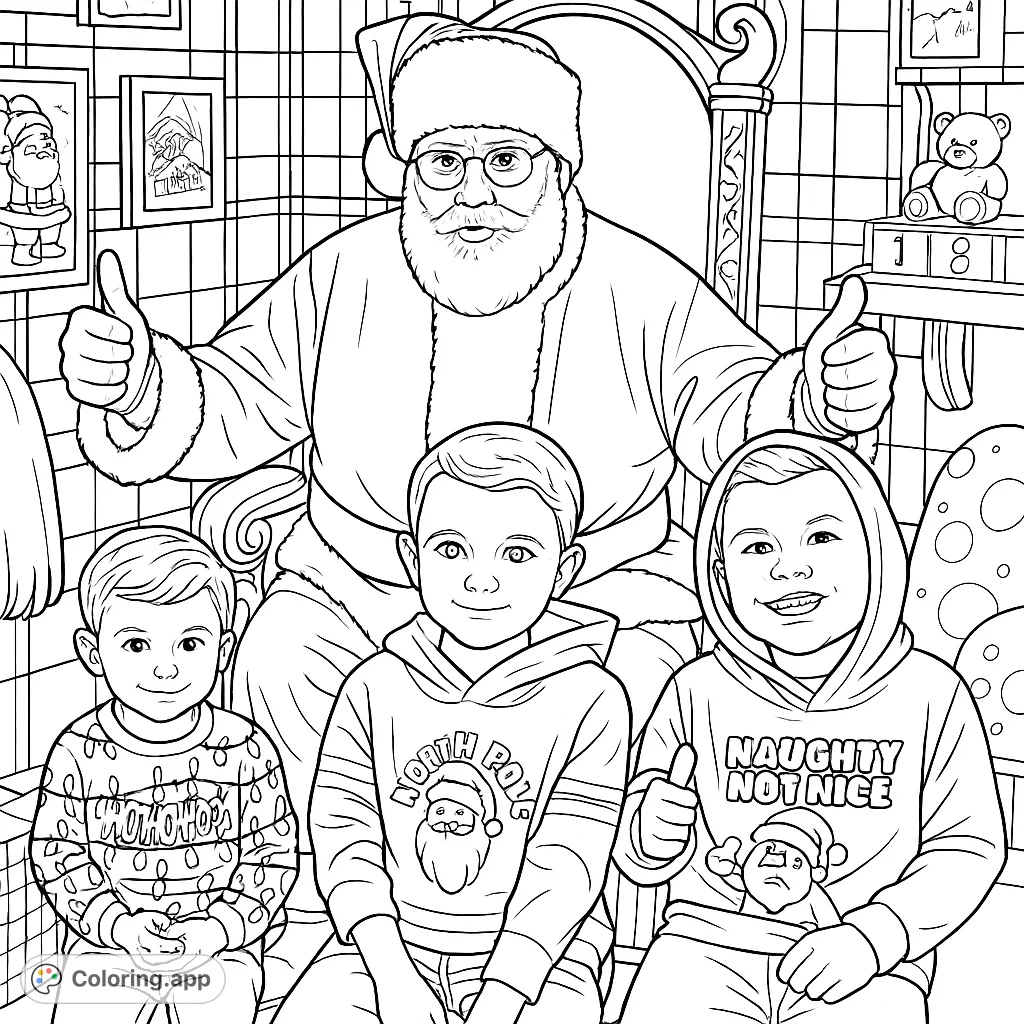 Meet jolly Santa and three cheerful boys in this festive scene! Perfect for holiday coloring fun with family and friends.