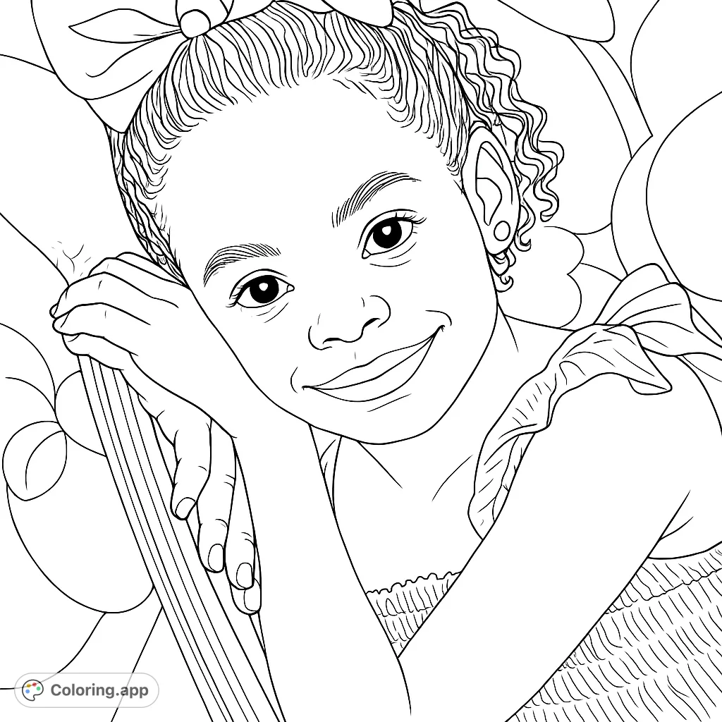 Capture the charming smile of a young girl with a prominent hair bow. This delightful coloring page features a sweet child in a ruffled dress, perfect for imaginative coloring.