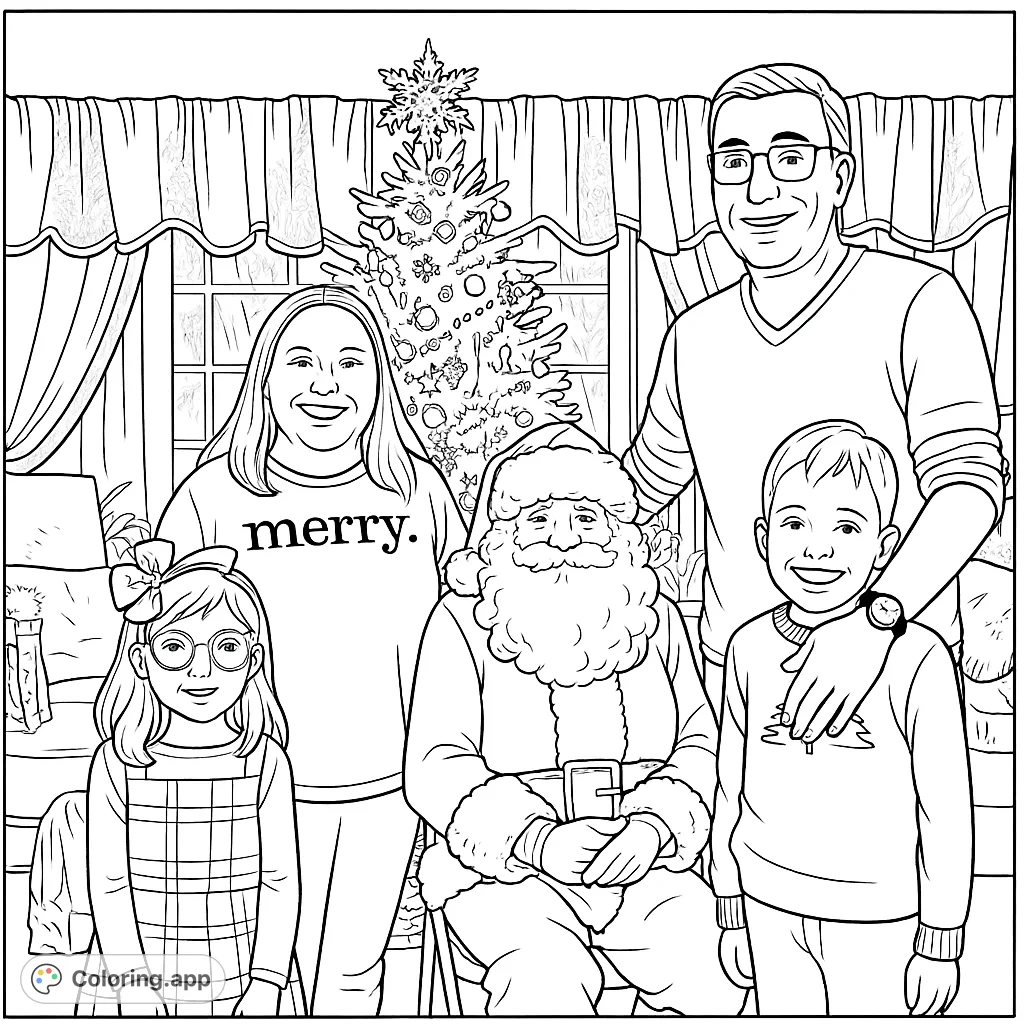 A heartwarming Christmas scene with Santa Claus and a joyful family. Perfect for holiday coloring fun, featuring a decorated tree and festive attire for all ages.