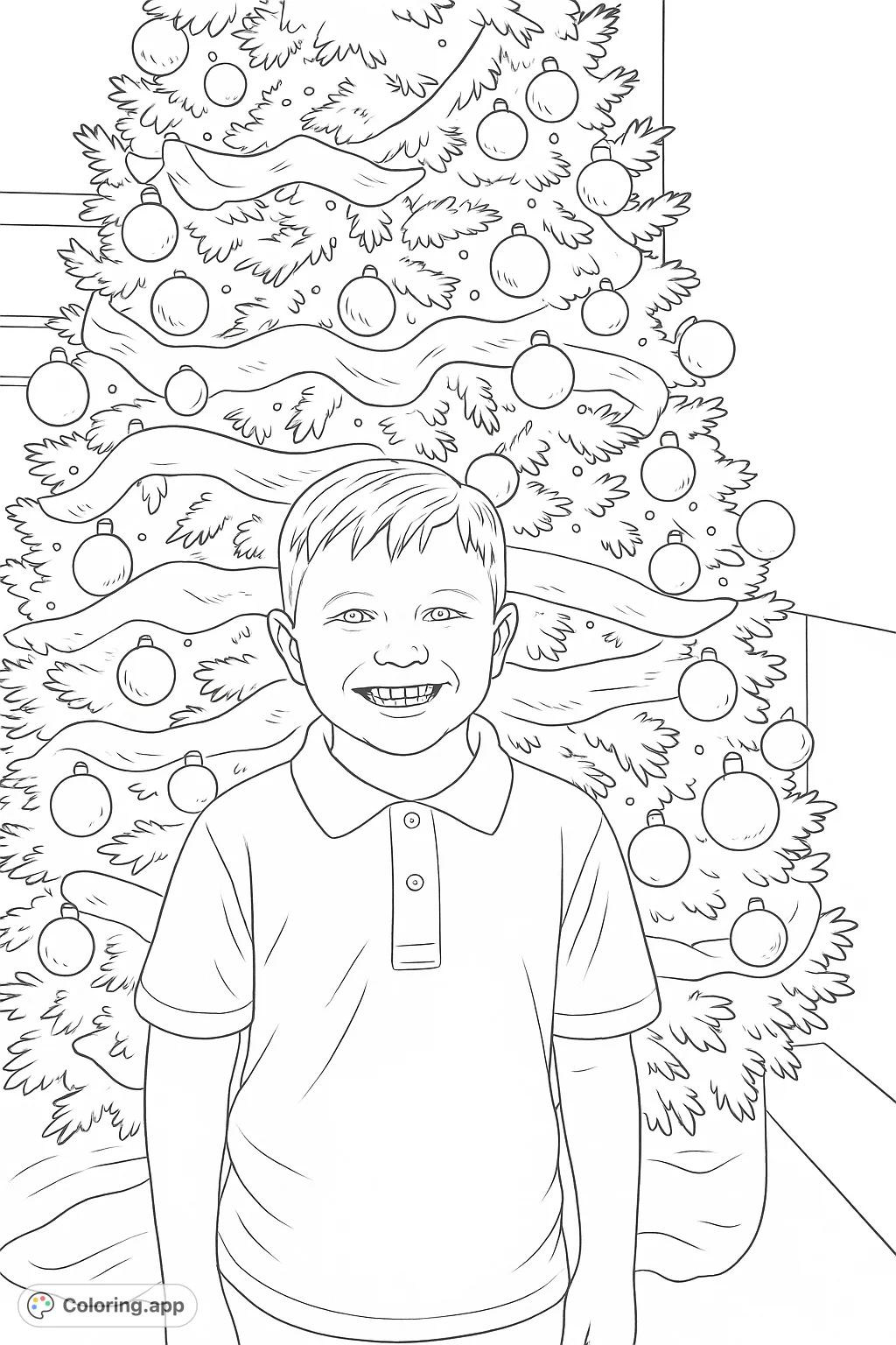 A cheerful boy smiles in front of a grand, decorated holiday tree, adorned with numerous ornaments, ribbons, and lights, creating a warm, festive scene.