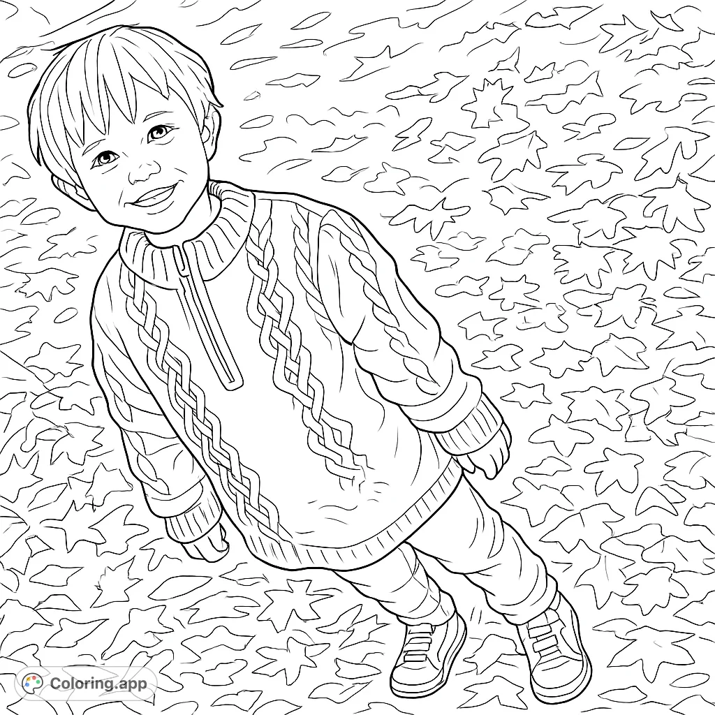 Capture the joy of autumn with this smiling child amidst a carpet of fallen leaves. A charming scene for creative expression and seasonal coloring.