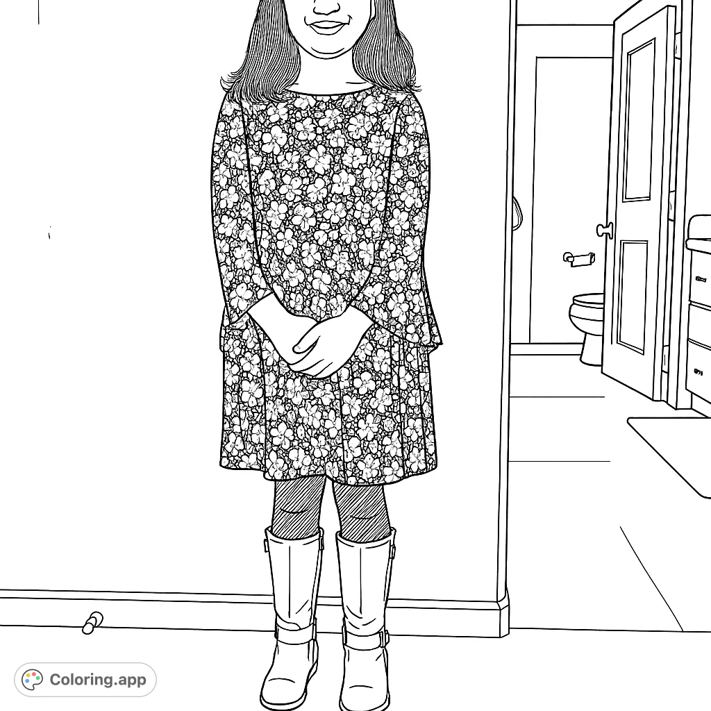 A charming coloring page featuring a young person in a stylish floral dress, leggings, and tall boots. Perfect for fashion-forward colorists of all ages.