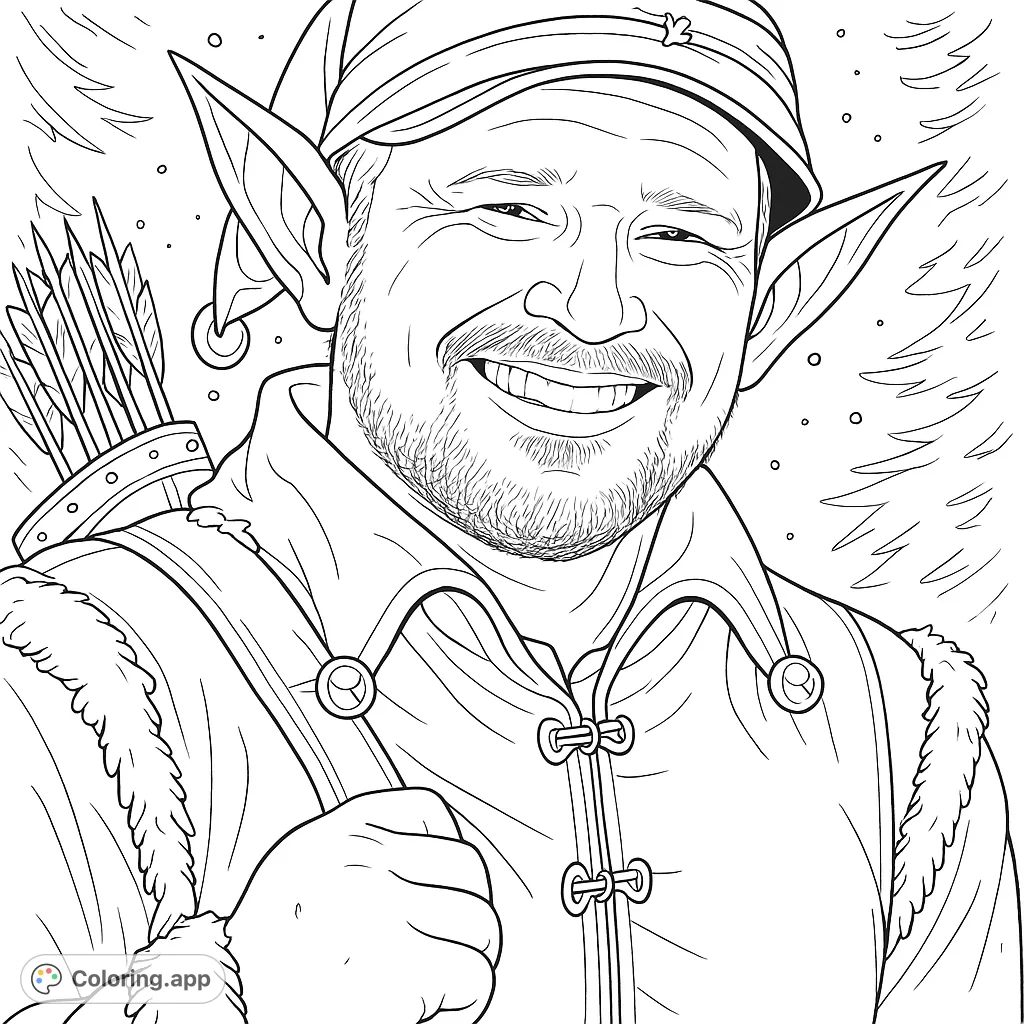 A charming elf character with pointed ears and a festive tunic, holding a quiver of arrows in a snowy forest. Perfect for holiday coloring!