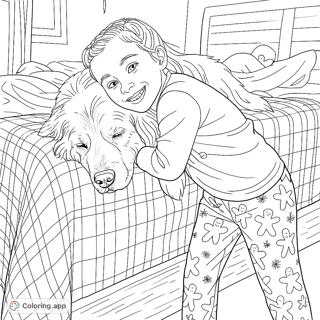 Capture a heartwarming scene of a girl embracing her loyal dog on a cozy bed. Perfect for animal lovers to color and bring to life.