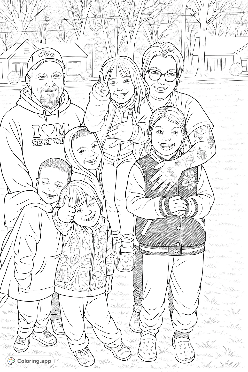 Capture a heartwarming moment with this family portrait coloring page. Two adults and five children are together outdoors, smiling and posing.