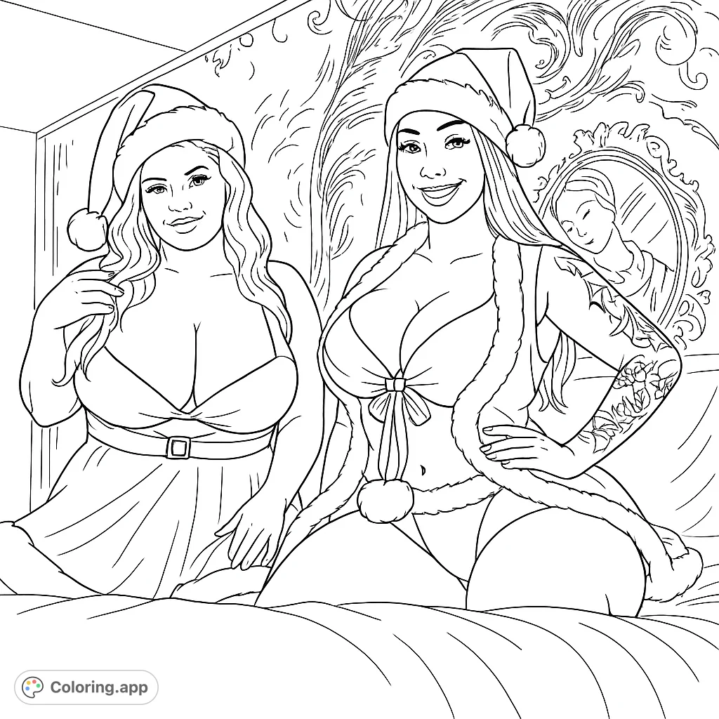 Two women in playful holiday outfits, adorned with seasonal trim and festive hats. This adult coloring page offers detailed figures and a rich background for creative expression.