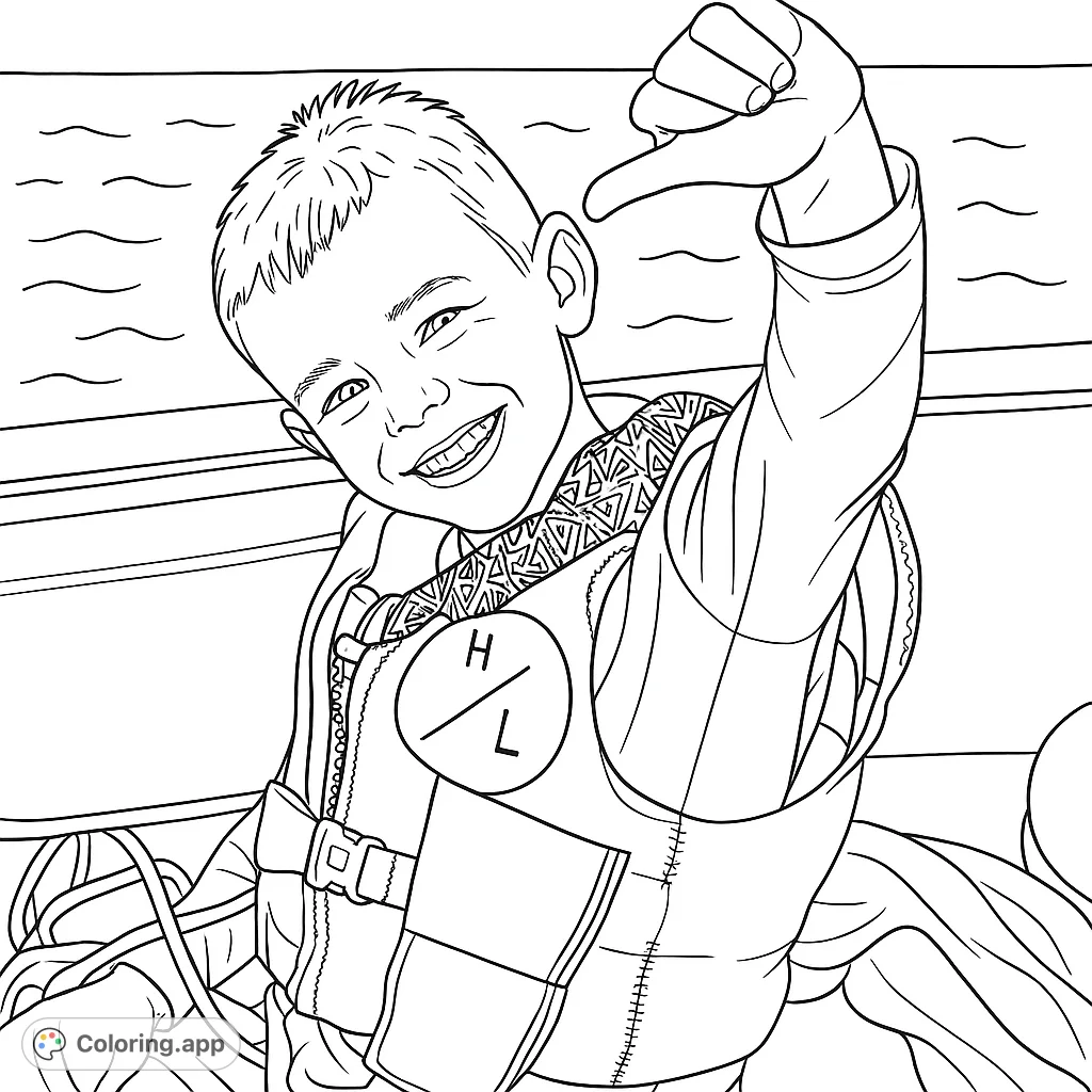 Capture a moment of pure joy with this coloring page featuring a smiling boy in a life vest on a boat. Perfect for young adventurers!
