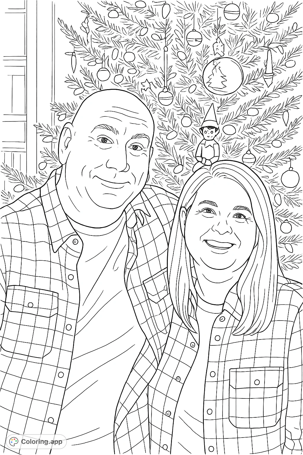 A heartwarming festive scene featuring a smiling couple in patterned shirts, posed in front of a beautifully decorated holiday tree, perfect for a joyful coloring experience.