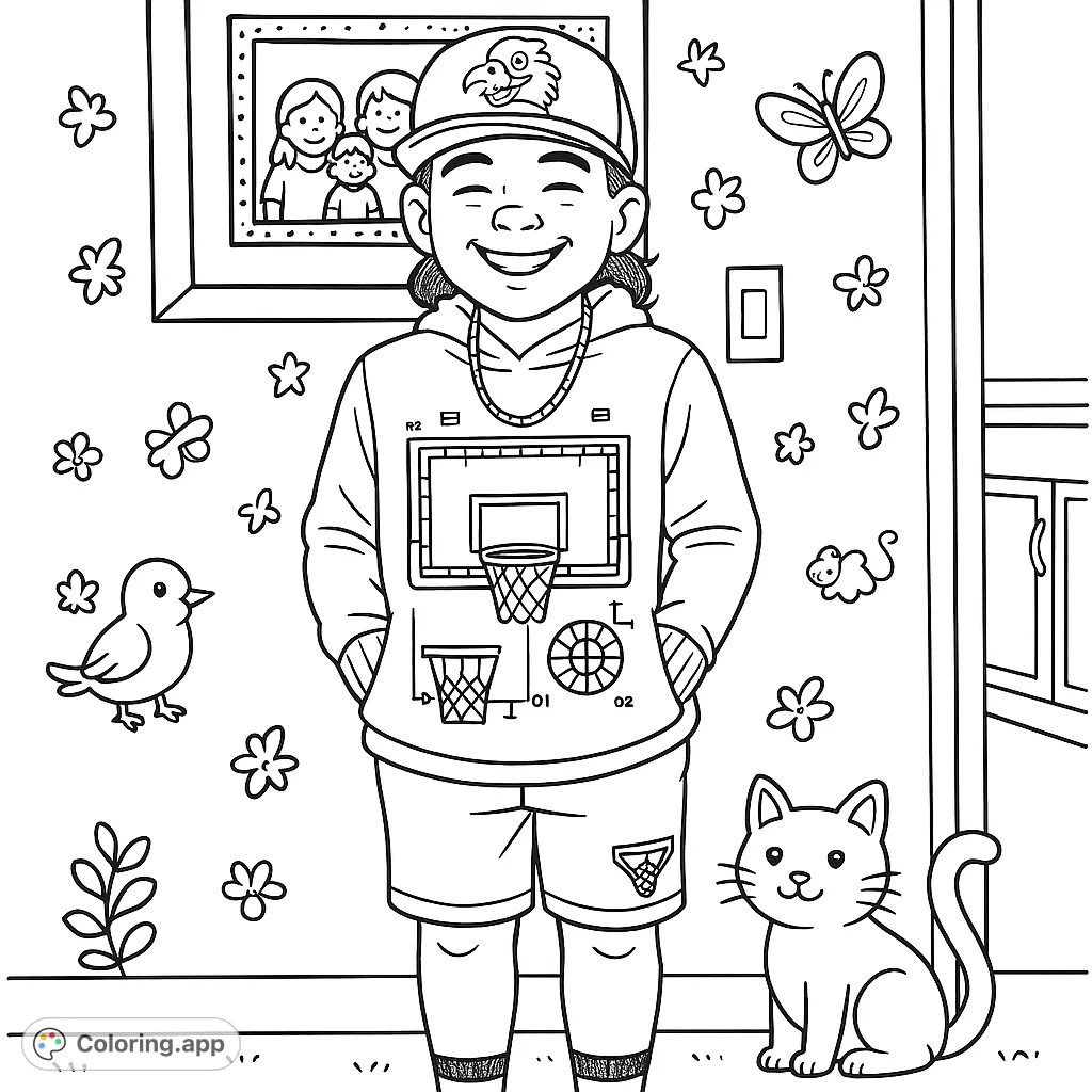 A cheerful boy in basketball attire. This unique sports fan coloring page features a cartoony style, bold outlines, and playful animal motifs for kids and adults.
