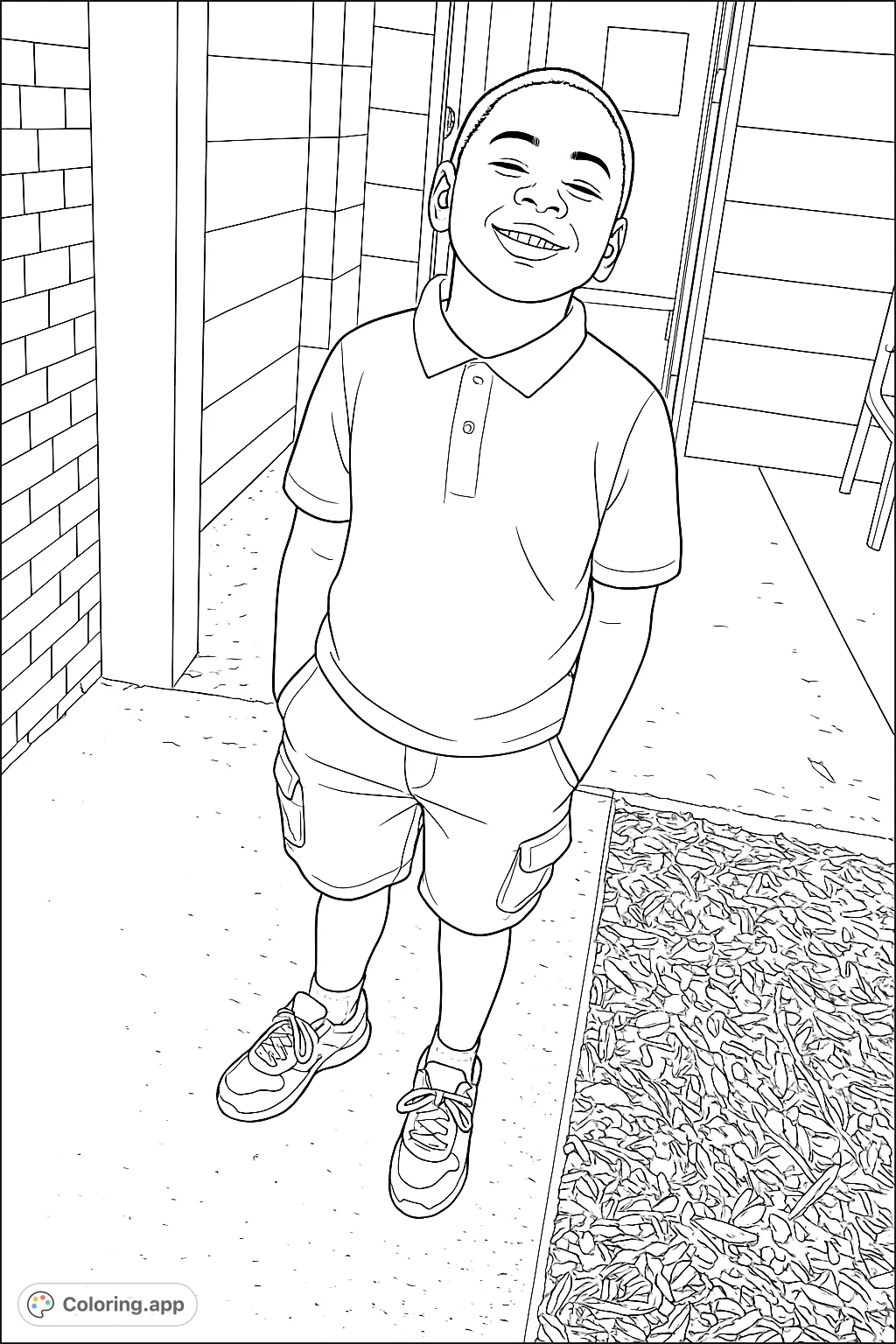 A cheerful young boy smiles with hands in pockets, wearing a collared shirt and cargo shorts, against an outdoor background. Perfect for budding artists and personalizing.
