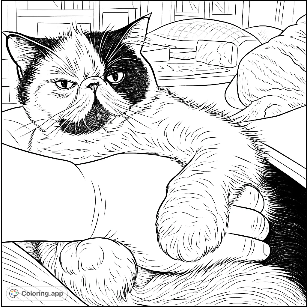 A detailed coloring page featuring a charming, flat-faced cat gently resting its paws on a human hand. Perfect for cat lovers to bring to life.