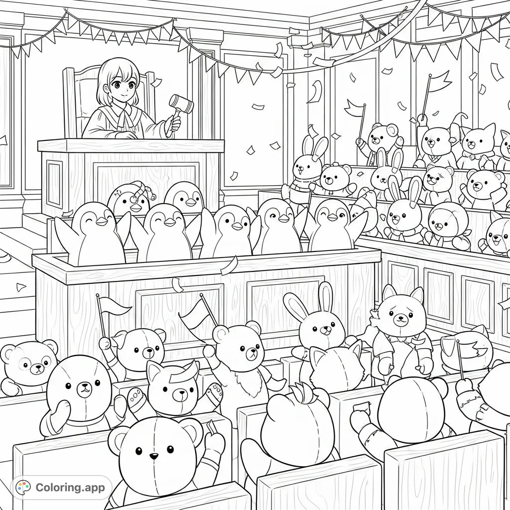 A joyous courtroom scene featuring a young woman judge, applauding penguin jurors, and cheerful stuffed animal spectators celebrating with banners and confetti.