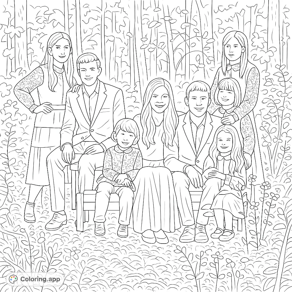 A heartwarming family portrait featuring seven individuals amidst a serene woodland backdrop, perfect for capturing cherished moments with thoughtful coloring.